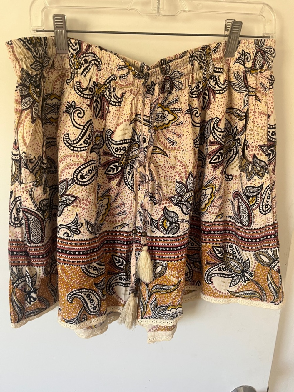 Angie Cream Paisley Drawstring shorts new with Mustard Accents and tassels
